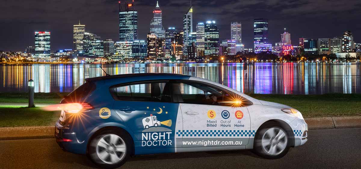 Night Doctor car infront of Perth Cityscape